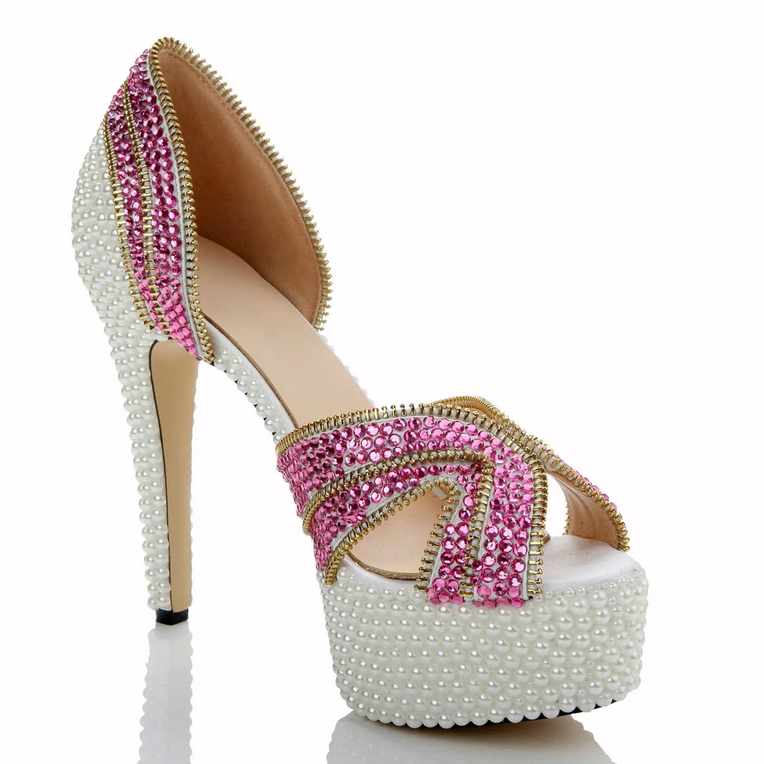 

LSDN-1149 New Exquisite Colored Diamond Pearl Sandals Pure Handmade Sexy Zipper Pattern High Wedding Nightclub Single Shoes