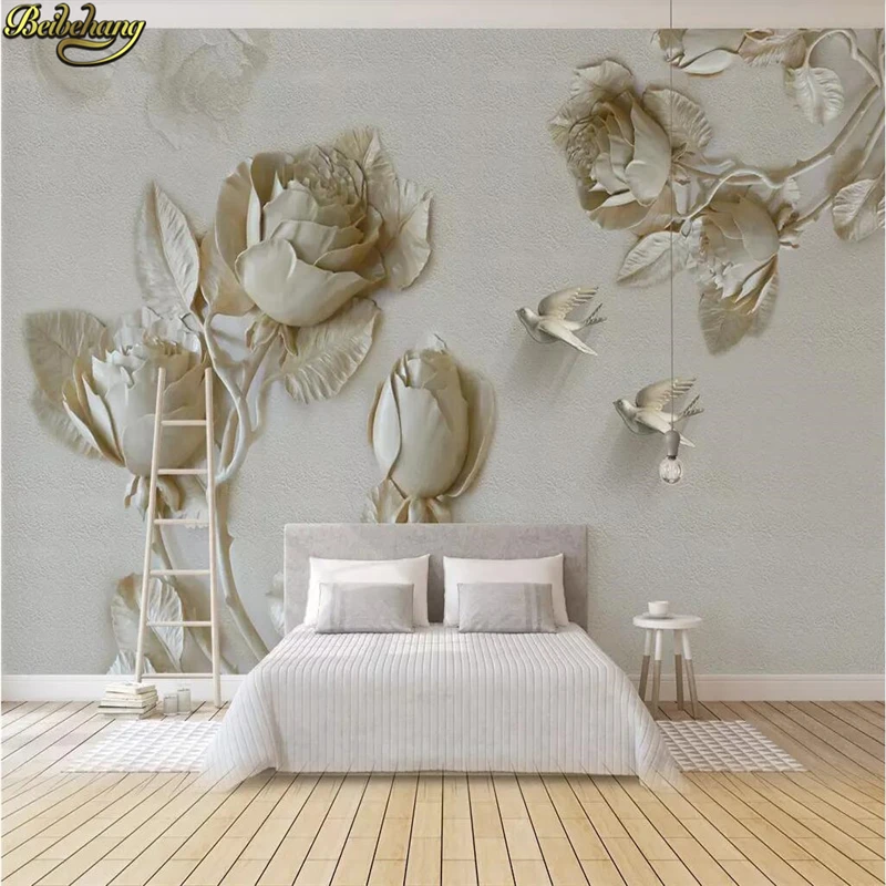 

beibehang Custom wallpaper mural 3D three-dimensional gold embossed rose flower bird wall papers home decor papel de parede 3d