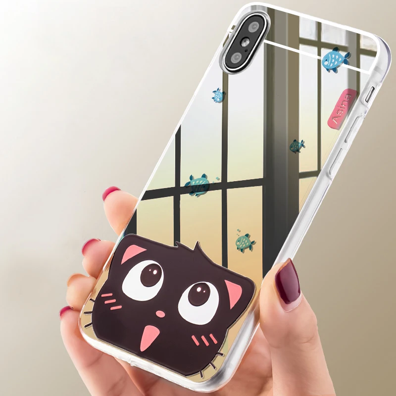 

Asina Luxury Cartoon Cat Patterned Case For iPhone X Slim Mirror Case with Cute Same Style Ring Holder For iPhone X