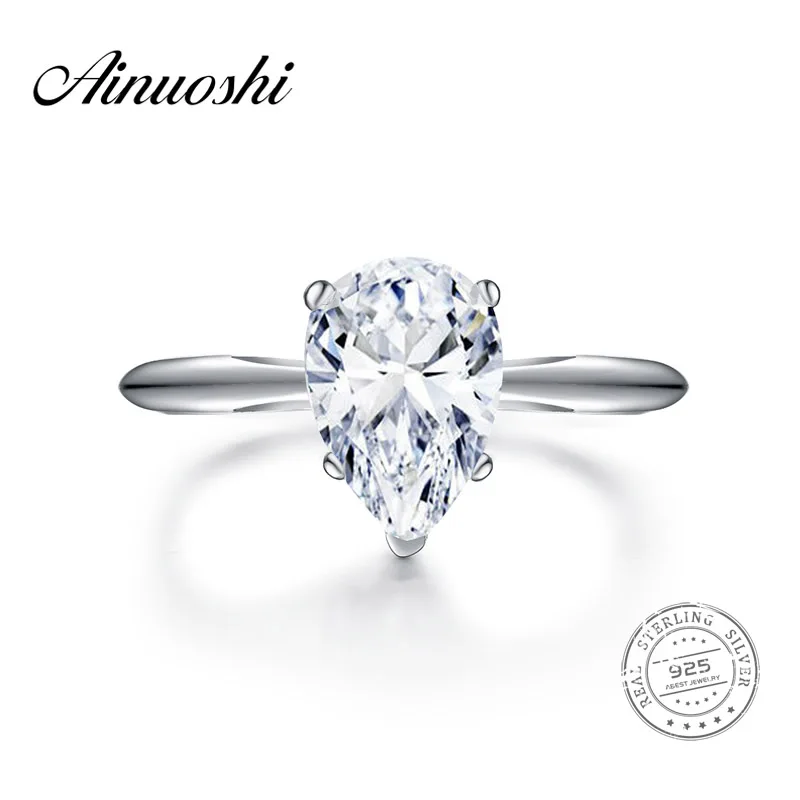AINOUSHI 2 Carat Pear Shape Solitaire Ring Bridal Band Women Jewelry Original 925 Sterling