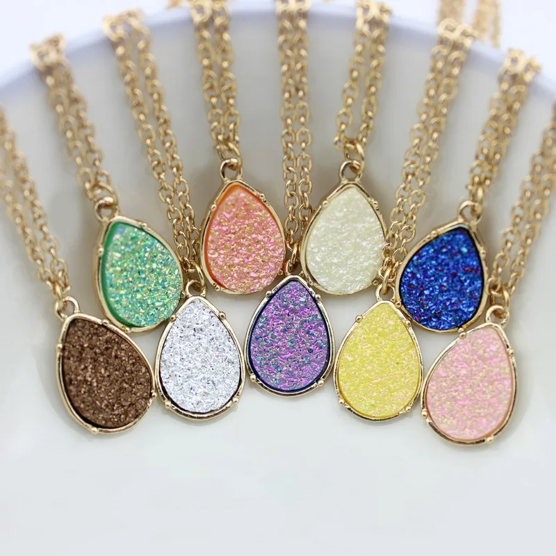 

Fashion Teardrop Necklace 2016 Bohemian Style Water Drop Druzy Pendant Necklace Gold Trendy Women Jewelry