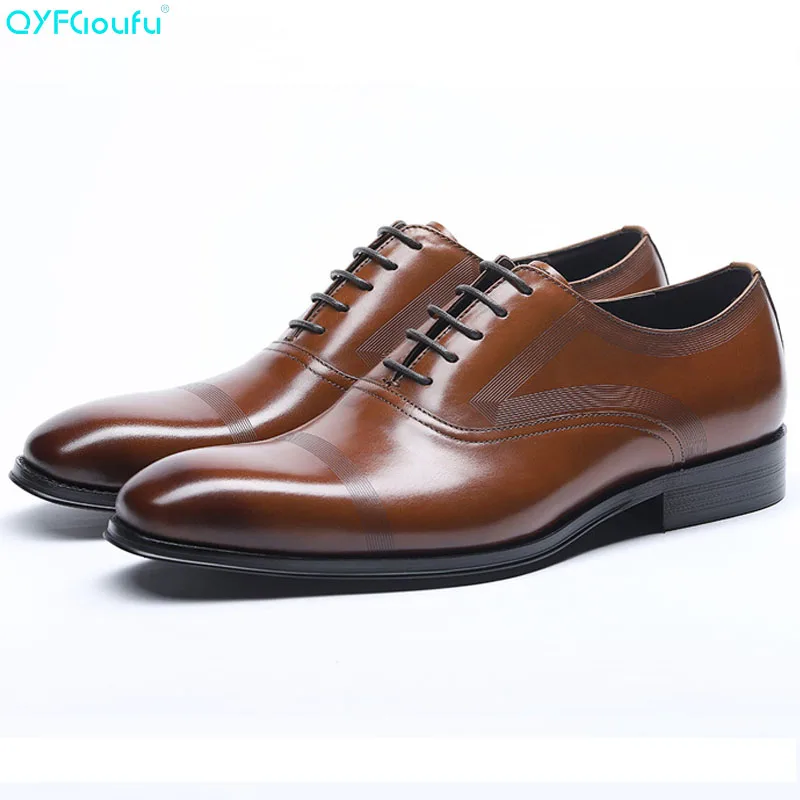 

QYFCIOUFU Luxury Genuine Cow Leather Square Toe Mens Formal Dress Shoes Oxfords Black Wine Red Carving Lace-up Shoes For Office