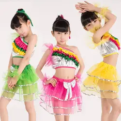 Новые Детские цветная юбка танцевальные костюмы для Обувь для девочек Дети ребенок конкурс Джаз сценическое Костюмы