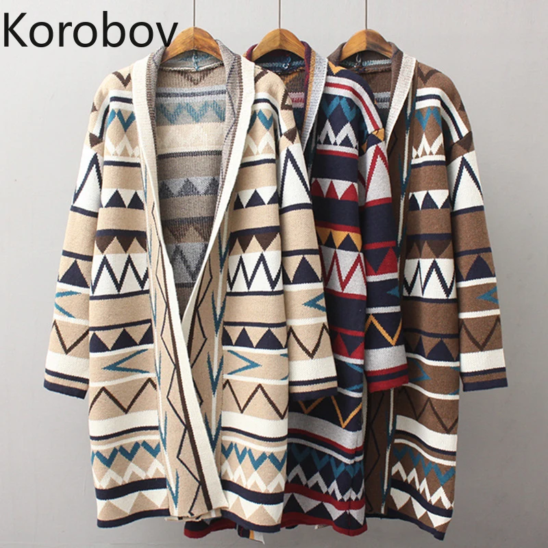 

Korobov 2019 European Style Women Autumn Sweater Geometric Printing Loose Female Cardigan Outwear Knitted Cardigans 78577