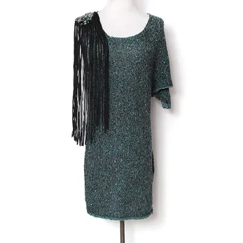 

YUNINYOYO Ethnic and tribal style various gemstone decoration epaulet leather long tassel beading piece women`s sweater~