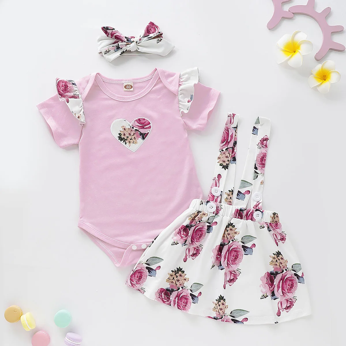 Infant Baby Girls Clothes Set 3PCs Heart Romper Top+Floral Straps Skirt+Headband Outfits children's clothing | Мать и ребенок