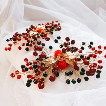 

1 Pair Christmas Red And Green Acrylic Beads Hair Claws Accessories Handmade Resin Flower Golden Hair Jewelry Pins, Item: XL034