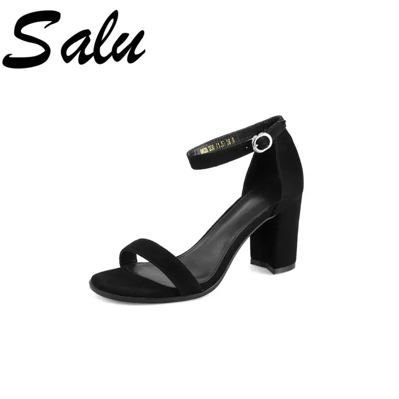 

Salu 2019 New High Heels Sandals Women Cross Buckle Summer Kid Suede Leather Shoes Woman Retro Suede Wedding Party Shoes