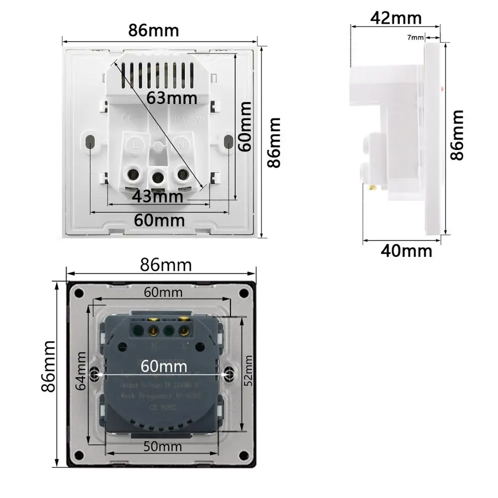 16А розетка, розетка, ЕС, Франция, стандарт, двойной USB порт, 5 В, 2.1A, настенное зарядное устройство, адаптер со светодиодным индикатором, ПК, пластиковая панель