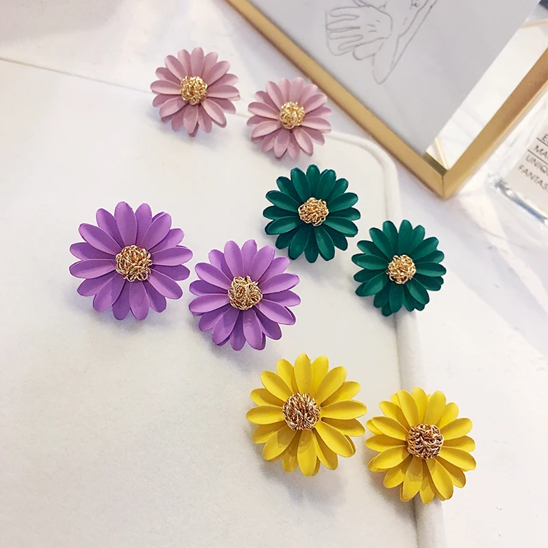 

AOMU New Korea Candy Color Paint Metal Alloy Wire Double Layer Small Daisy Flower Stud Earrings for Women Girl 3 cm
