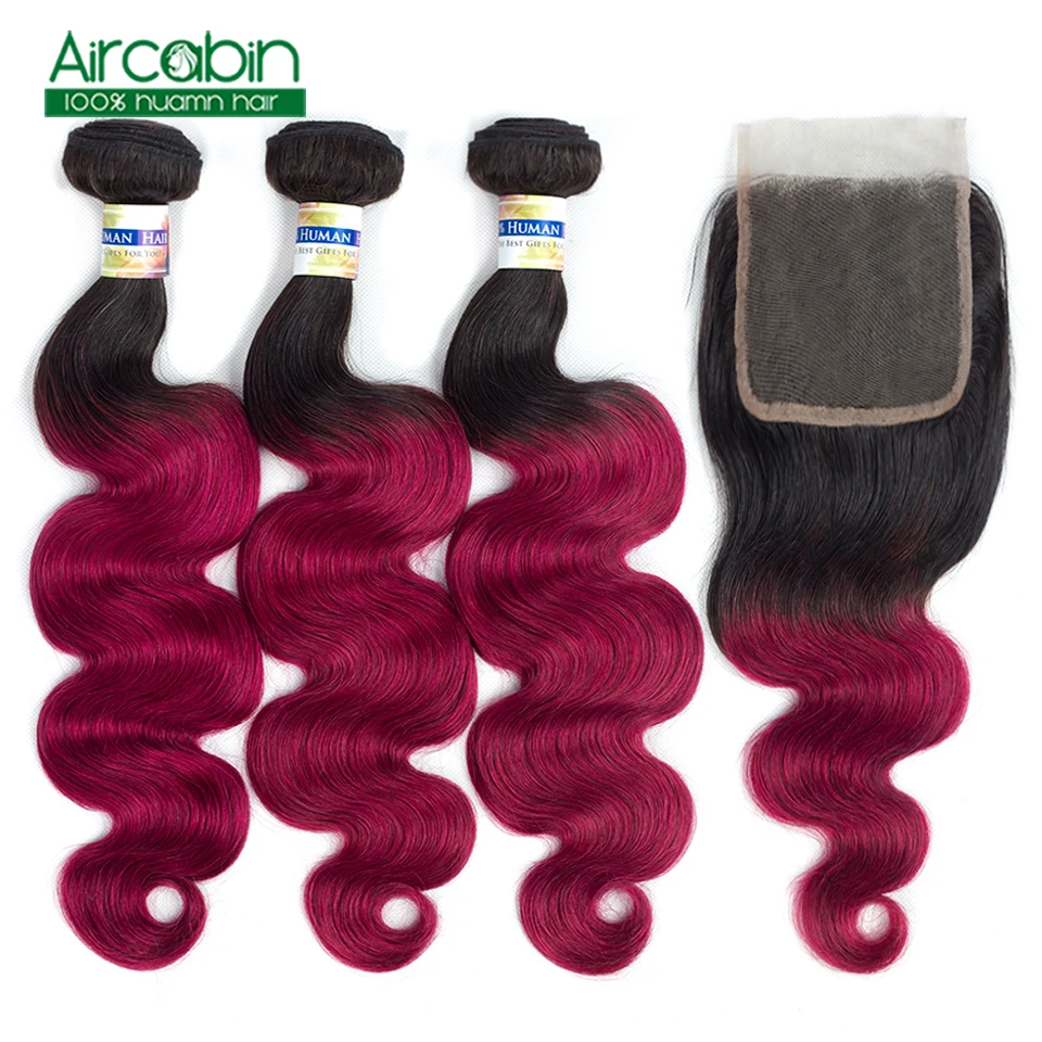 

1B/Burgundy Brazilian Body Wave Ombre Hair 3 Bundles Human Hair Bundles With Closure 12-24 Inch Aircabin NonRemy Hair Extensions
