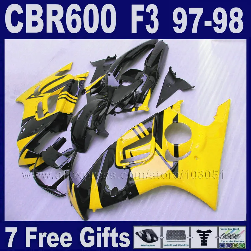 

ABS 7gifts yellow fairing kits for Honda CBR 600 F3 97 98 cbr600F3 1997 1998 aftermarket black body kits Tank cover