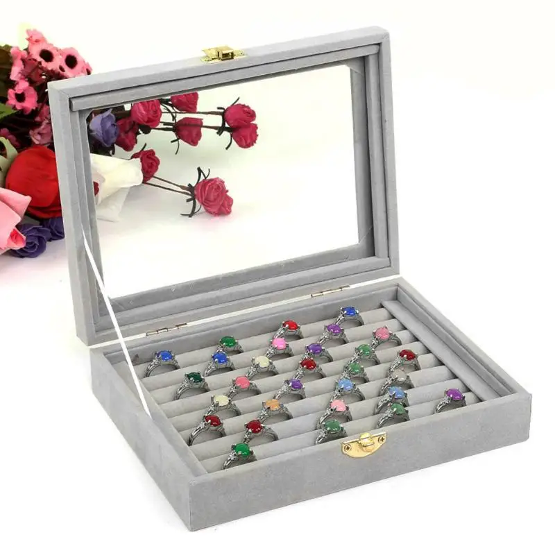 

2018 Simple Gray 8 Booths Velvet Carrying Case with Glass Cover Jewelry Ring Display Box Tray Holder Storage Box Organizer