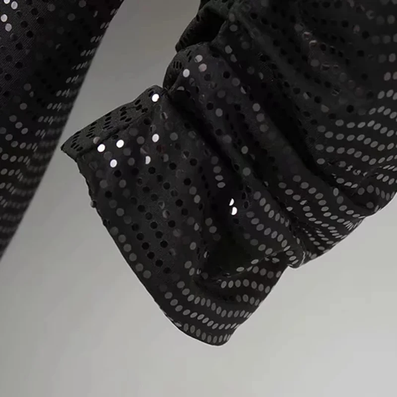 Блестками для женщин Bling Пиджаки для 2019 Весна Chic дамы костюм в винтажном стиле Ruched рукавом Элегантный обувь девочек Черный Длинный блейзер