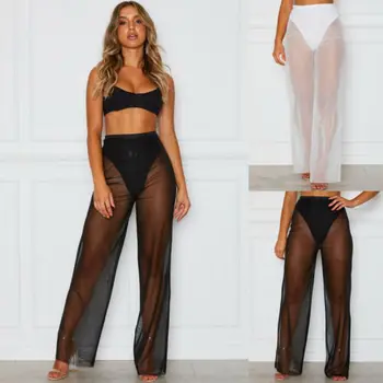 

2019 Simple Stylish Women‘’s Casual Summer Daily Mesh Sheer High Waist Pants Perspective Bikini Cover Up Wide Leg Pants S-XXL
