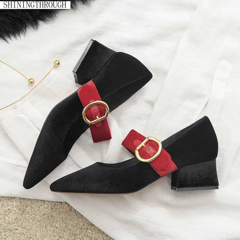 

Lady's Office Dress Mary Jane Shoes Red Black Flock med Heels Pumps Large Size Female 2019 Buckle Pumps