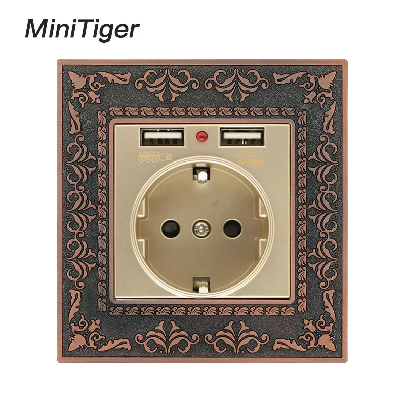 Minitiger Zinc Alloy High-end Retro Panel 16A Gold EU Standard Power Wall Socket With Dual USB 2.1A Charging Port Embossed Panel