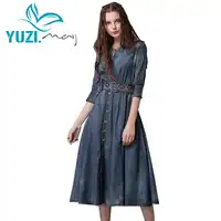 Sommer Kleid 2018 Yuzi. kann Boho Neue Denim Frauen Kleider V-ausschnitt Drei Viertel Sleeve A-line Schaukel Saum Belted Vestidos A82083
