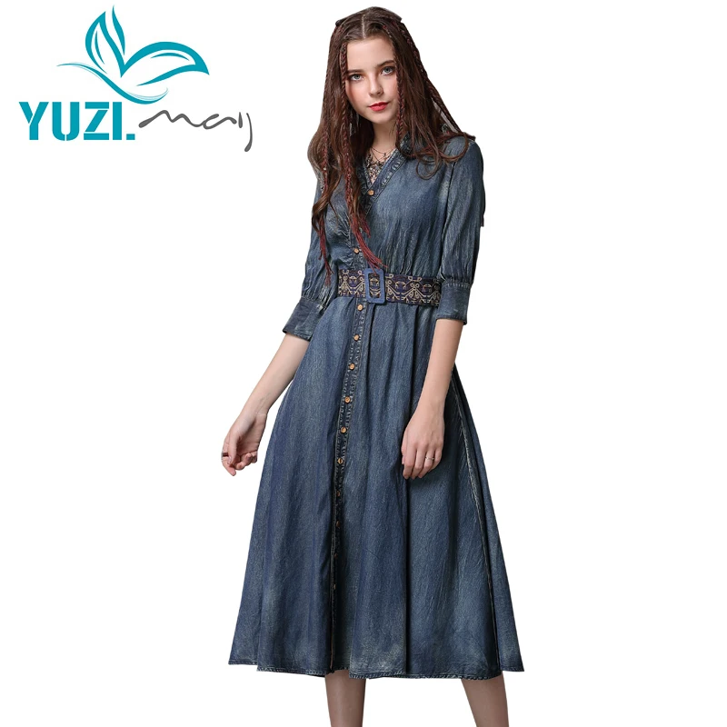 Женское джинсовое платье с поясом Yuzi.may летнее ТРАПЕЦИЕВИДНОЕ ПЛАТЬЕ Бохо С v