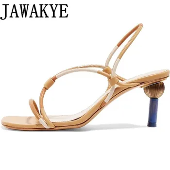 

Gladiator Sandals Women cross strappy genuine leather Asymmetrical high heels concise elastic narrow band summer shoes female