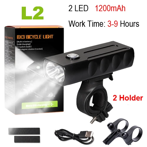 NEWBOLER 5200mAh Bike Light Kit T6 L2 Flashlight For Bicycle 2400 Lumen Led Lantern USB Headlight Mount Bracket Cycle Fornt Lamp - Цвет: L2 3 hours 2 holder