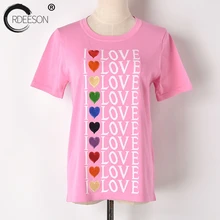 ORDEESON трикотажная модная розовая футболка женские летние топы Повседневная футболка женские корейские Графические футболки LOVE Graphic Kawaii