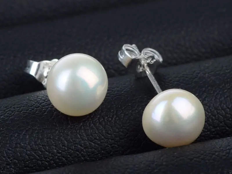 

-hot@ RARE .925 SILVER stud EARRINGS NATURAL WHITE RICE REAL PEARL 9-10mm