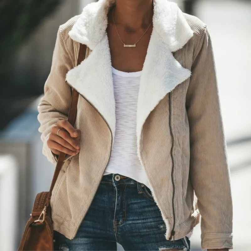 

Woman Outerwear Warm Zipper Long Sleeve Coat Loose Corduroy Jacket Women New Winter Lambswool Jackets Ladies Female Streetwear