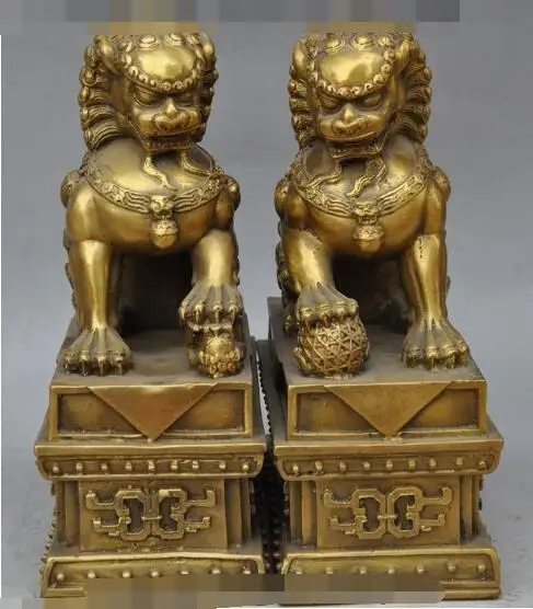 

S01306 8"Chinese Feng Shui Lucky Bronze Foo Fu Dog Guardion Lion Ball Son Statue Pair B0403