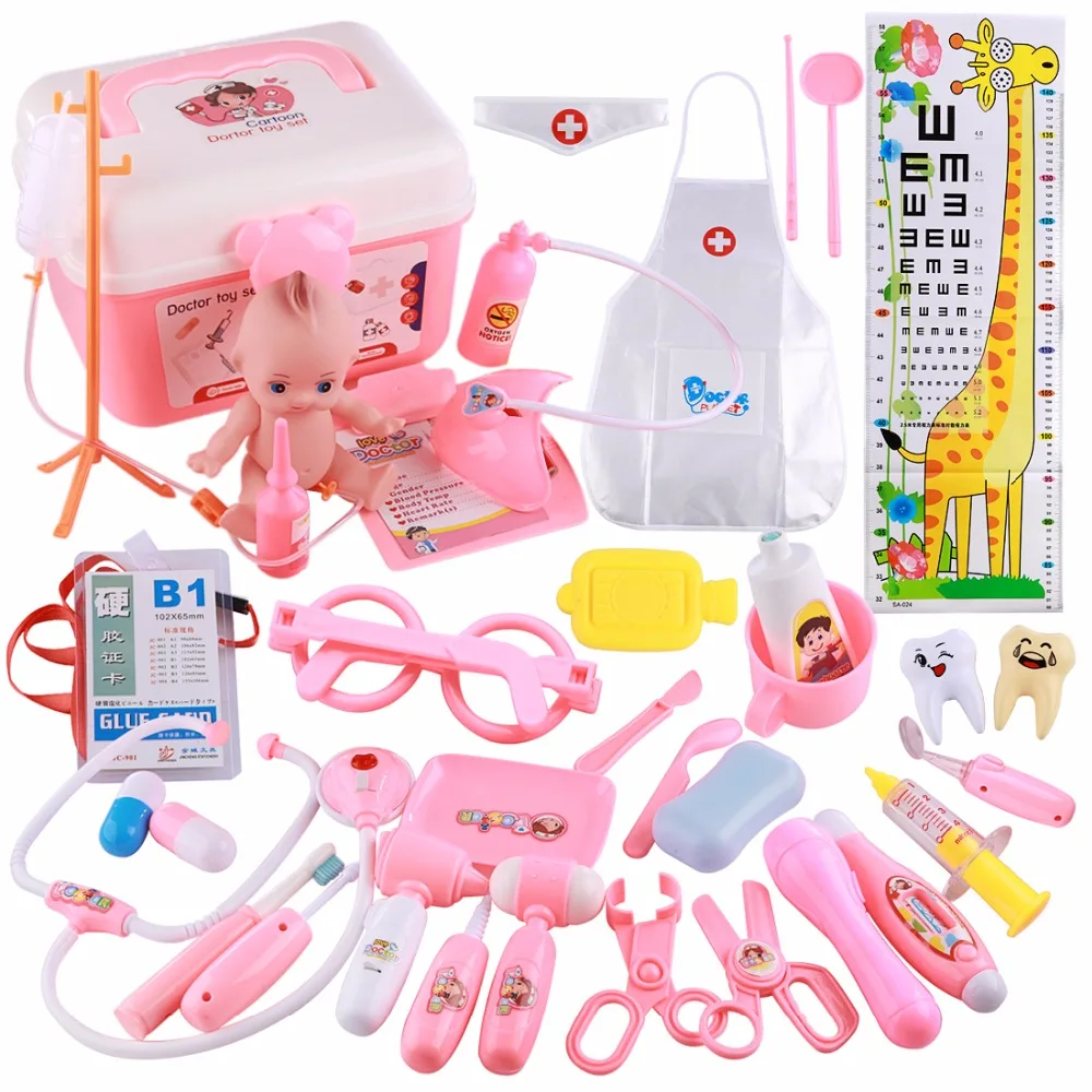 

37Pcs Kids Toys Doctor Set Baby Suitcases Medical kit Cosplay Dentist Nurse Simulation Medicine Box with Doll Costume Xma Gift