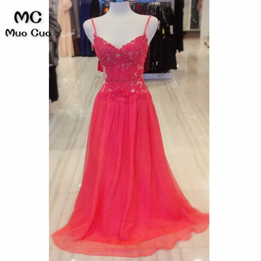 2018 See Though A-Line Prom Dresses Long with Appliques Spaghetti Straps Chiffon Red Formal Evening Party Dress | Свадьбы и
