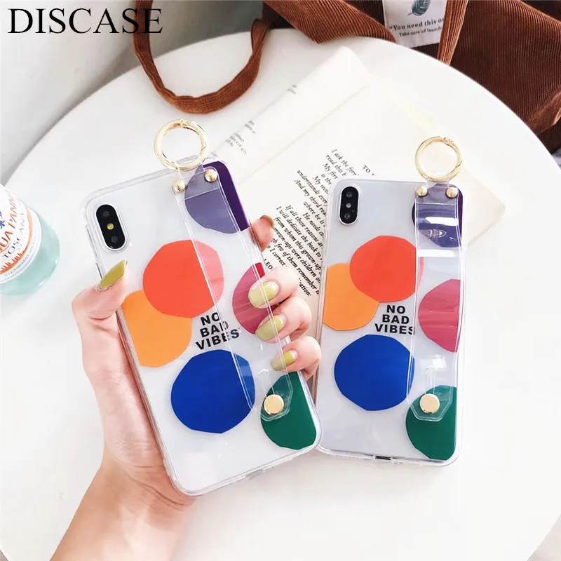

DISCASE Stylish Simple Geometry Phone Case For iphone 8 7 6 6s plus XS MAX XR X Color Wave Point Transparent Wrist Strap Funda
