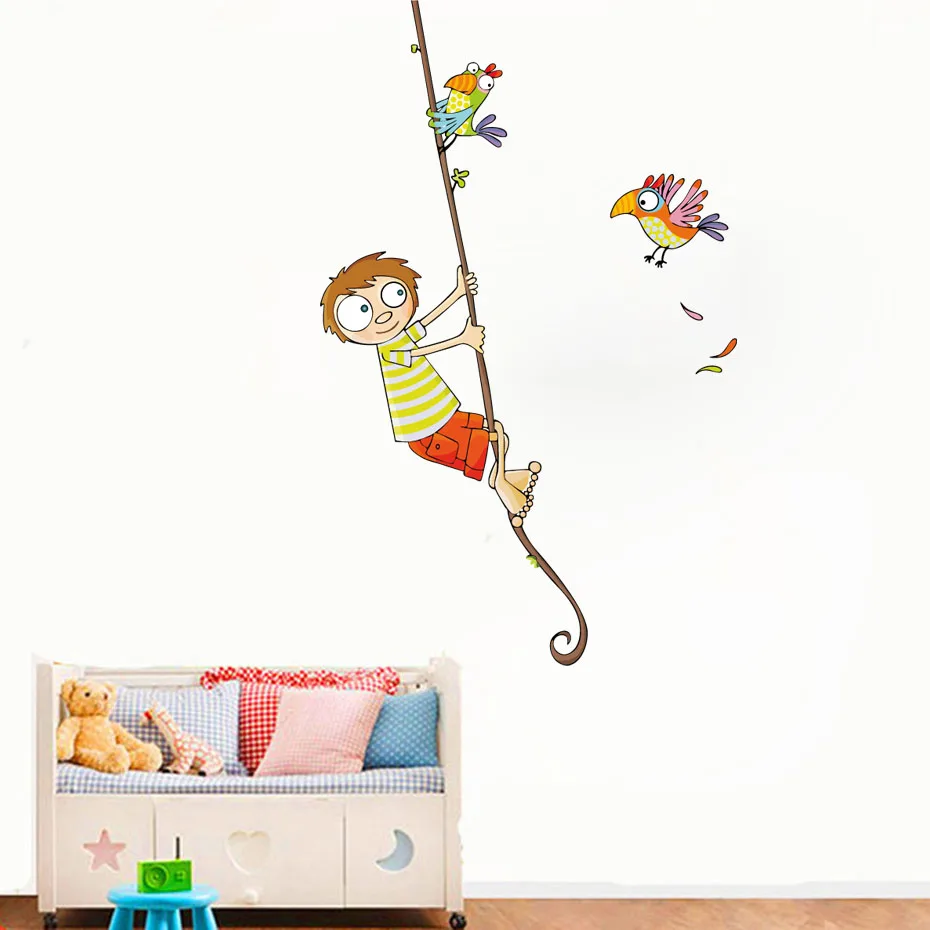 Cartoon Boy Girl Swing Wall Stickers Removable PVC Art Mural For Kids