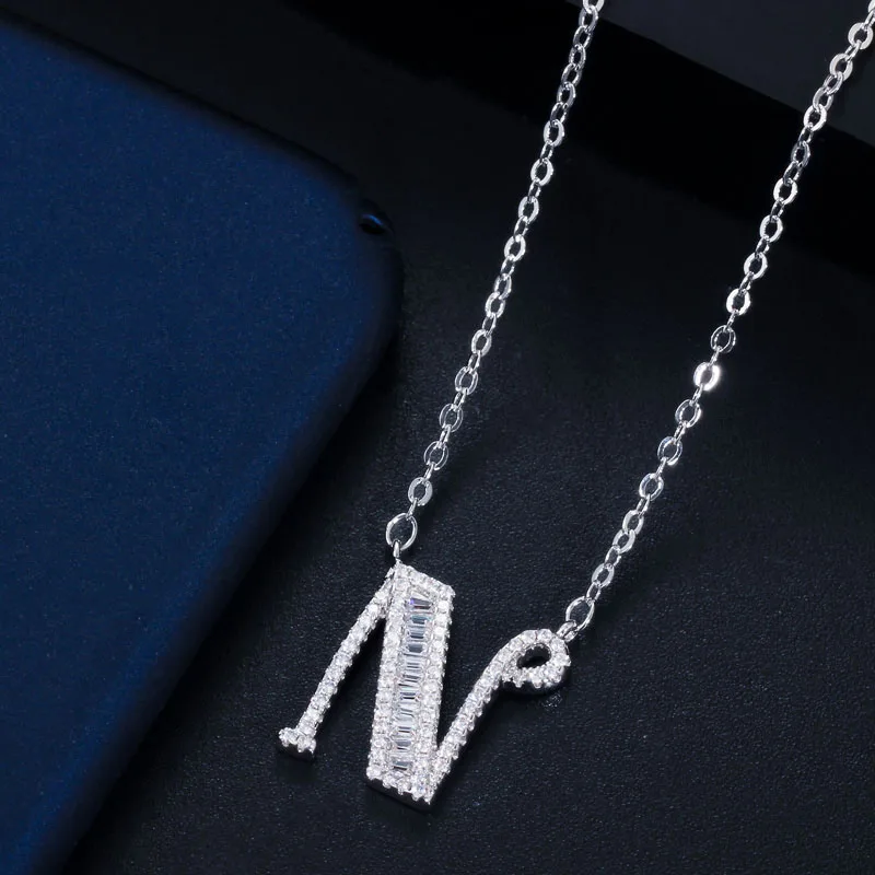 CWWZircons Personalized Cubic Zirconia Crystal 26 Initial Name Letter Pendant Necklace for Women DIY Custom Jewelry Gift CP046 - Окраска металла: N