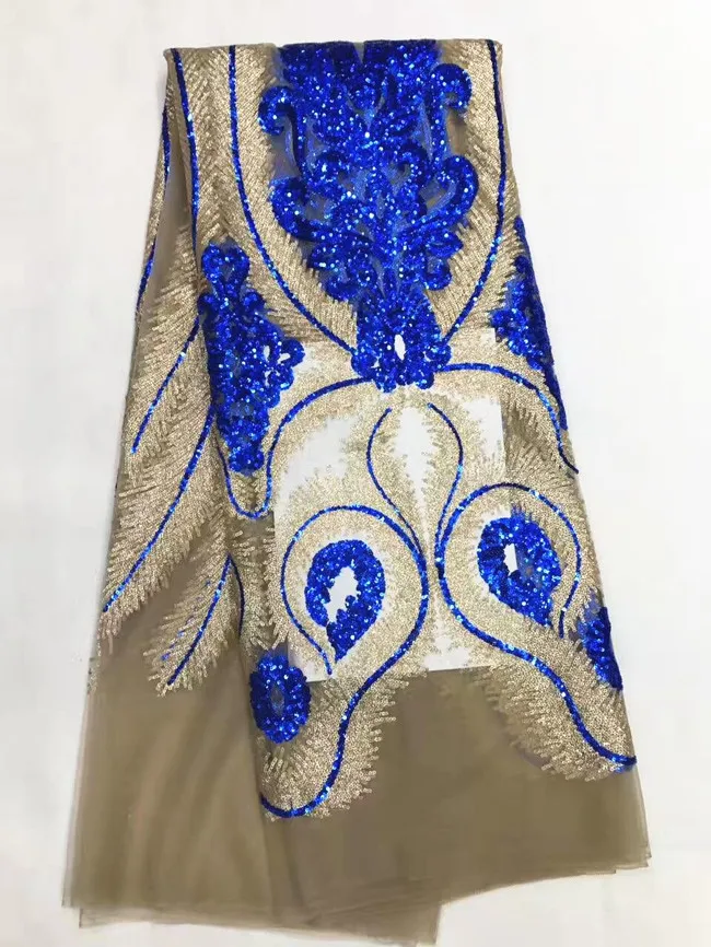 

5 Y/pc New fashion brown french net lace fabric with royal blue and gold sequins decoration african mesh lace for clothes LJ23-7