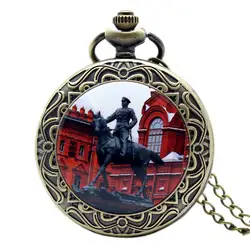Античная советский маршала Жукова Скульптура Дизайн красный кварцевые карманные часы с Цепочки и ожерелья цепь Для мужчин Для женщин