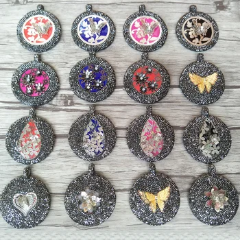 

5pcs Round snakeskin Pendant,with 3D butterfly &flower pendant,rhinestone crystal charm, Jewelry DIY necklace making PD672