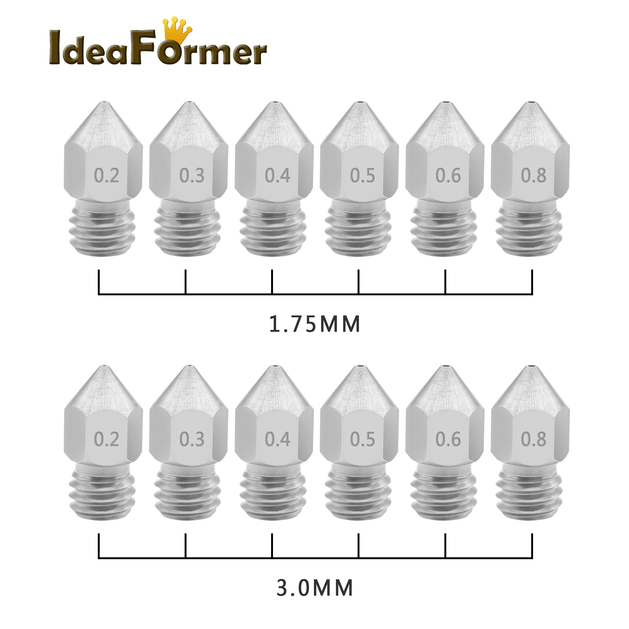 5pcs MK8 Nozzle 0.2/0.3/0.4/0.5/ 0.6/0.8mm M6 Threaded Stainless Steel for 1.75/3.0mm Filament 3D Printer Extruder Print Head