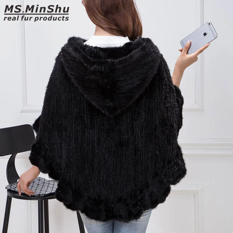 Ms.minshu-女性用ミンクファーポンチョ、手編みフード付きショール