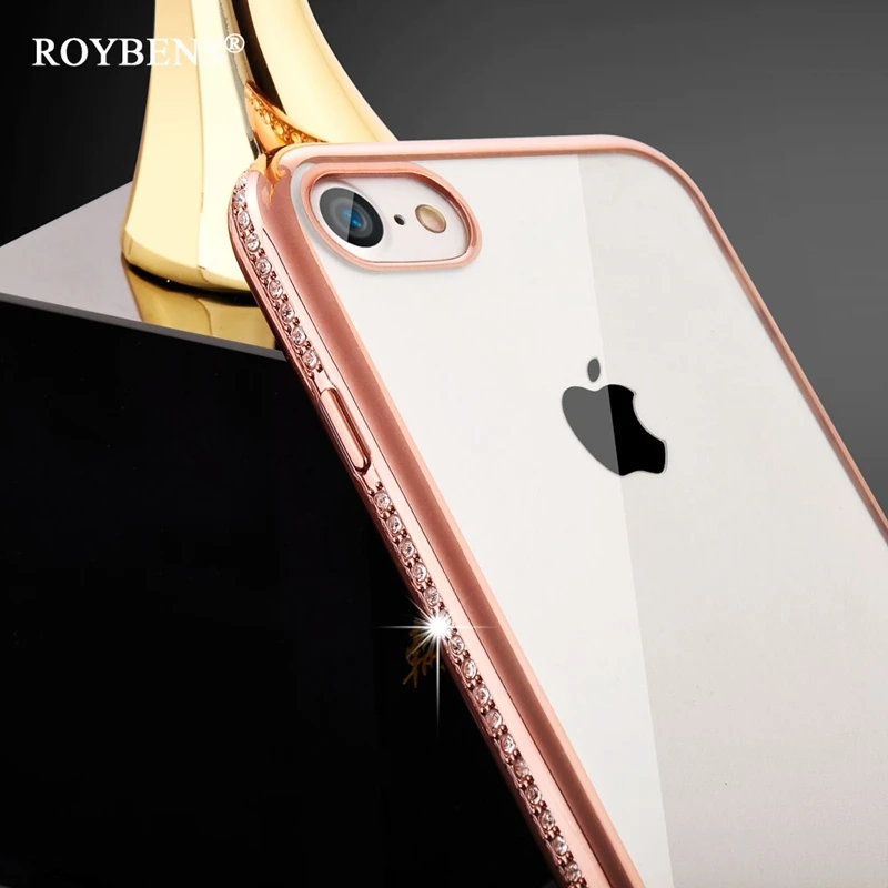 Роскошные Roybens диаманта Bling чехол для iPhone 7 8 Plus прозрачный мягкий из ТПУ с RoseGold