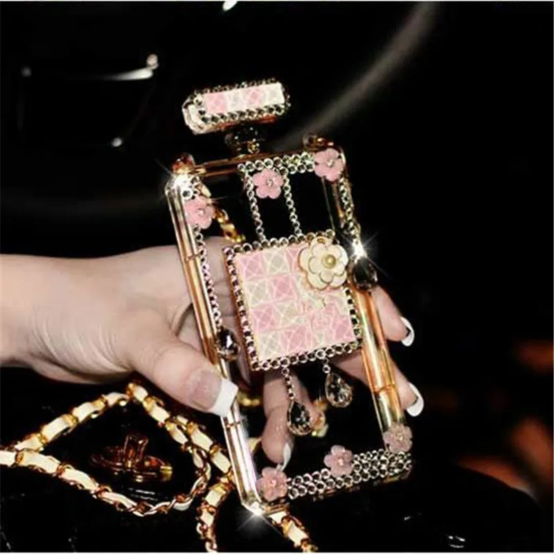 Aoweziic Luxury Perfume Bottle cover For iphone XR 6s 7 8plus XS MAX Diamond gem Flowers Soft Clear TPU phone case with Chain