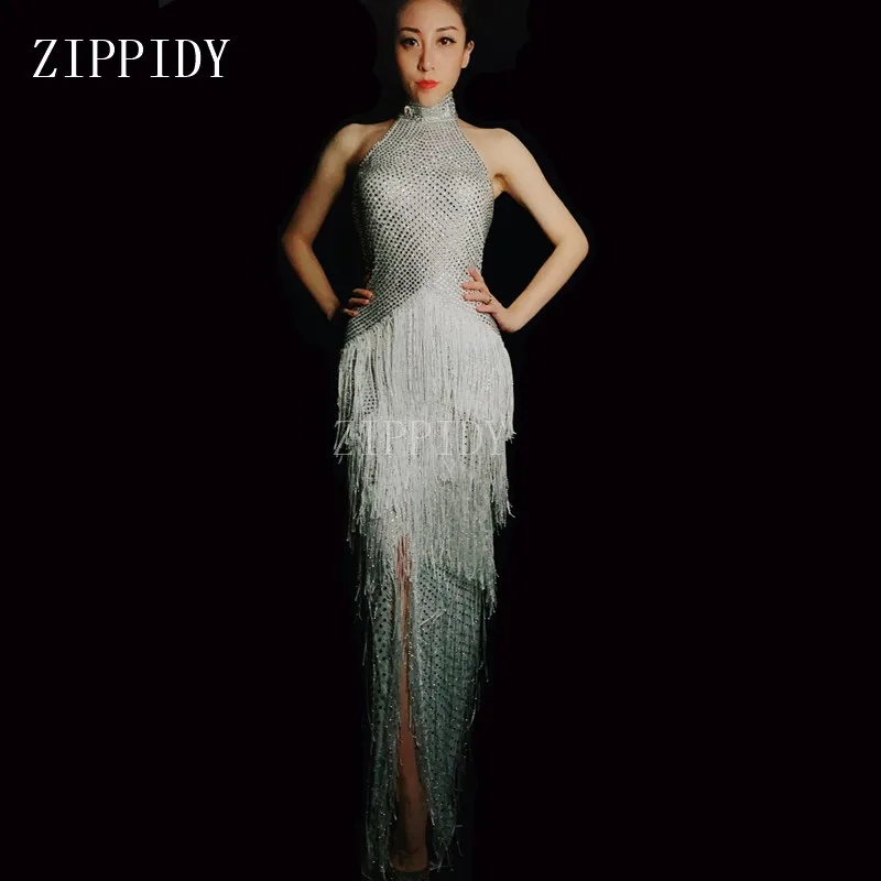 

Fashion Rhinestones dress Stretch Long Nightclub Bar Singer Dance Celebrate White Fringes Costume Prom Women Birthday Dress