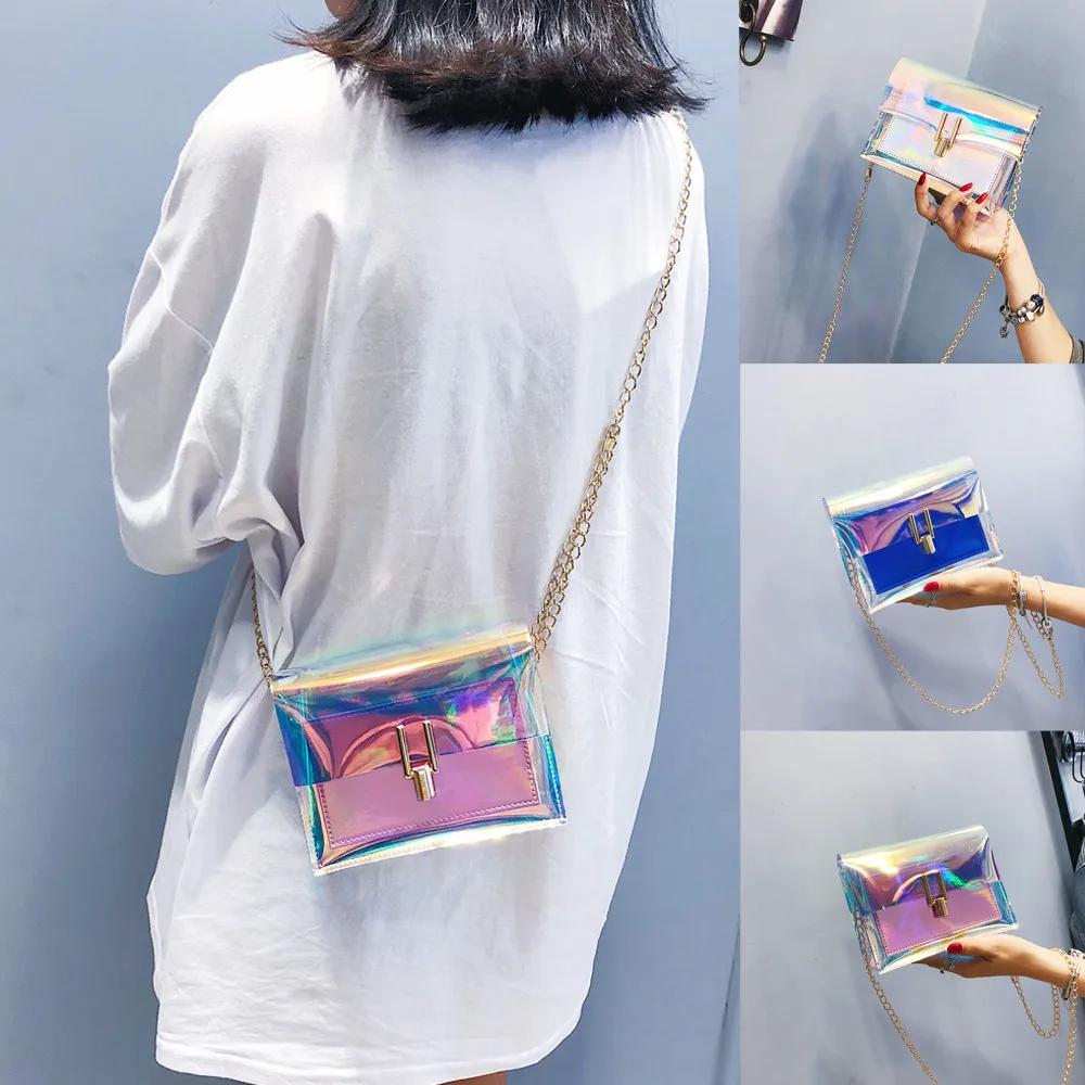 أزياء النساء حقيبة كتف الليزر شفافة Crossbody أكياس حقيبة شاطئ مضادة للماء ضوء اللون تغيير حقيبة ساعي