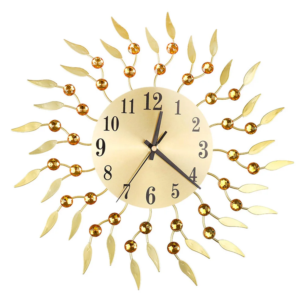 Настенные часы в стиле ретро, стразы, листья, круглый циферблат, настенные часы в стиле солнца, настенные часы, спальня, гостиная/офис, домашний Настенный декор - Цвет: Golden