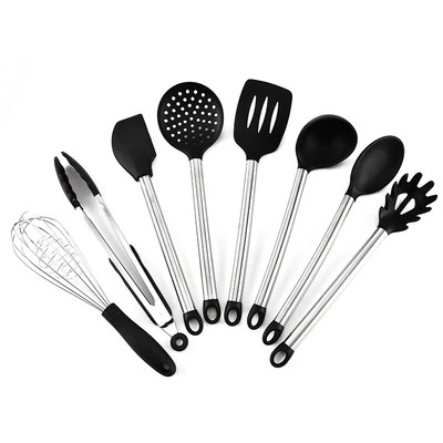  8pcs/set Silicone and Stainless Steel Kitchen Utensil Kit Scraper Set Whisk Tong Spatula Pasta Serv