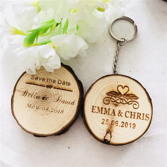 Personalized Wooden Keychain Customized Wedding Gift Natural Wood