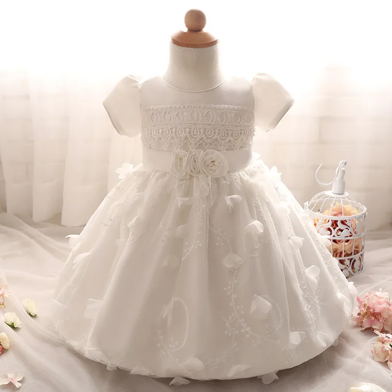 

Baby Wedding Clothes Pink White Beige First Communion Dresses for Girls Short Sleeve Floral Lace Kids Infant Girl Flower Dress