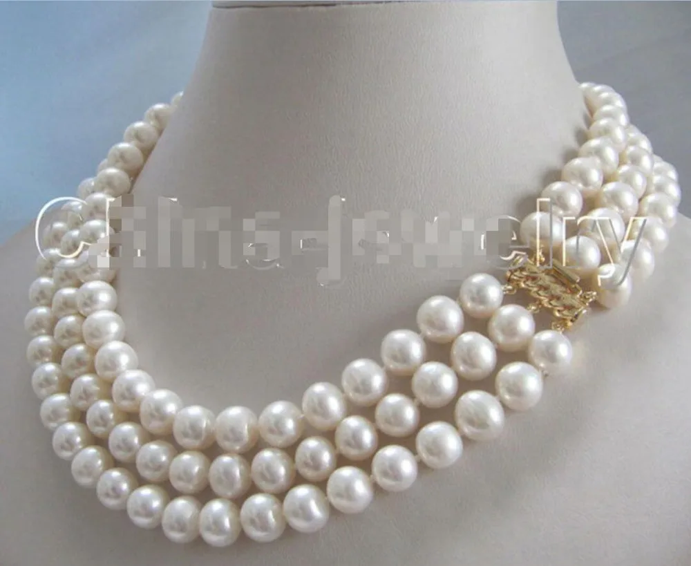 

AAA 17-19" 3row 9-10mm natural white round freshwater pearl necklace
