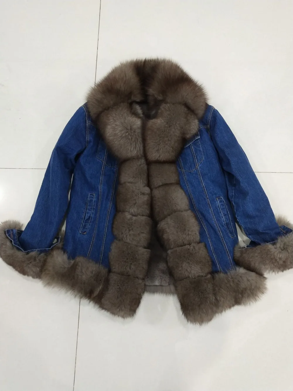 New brand Real Fur Real Rex Rabbit Fur Lining Women Winter Genuine Fox Fur Collar   Jacket Woman Warm Coat long puffer coat womens