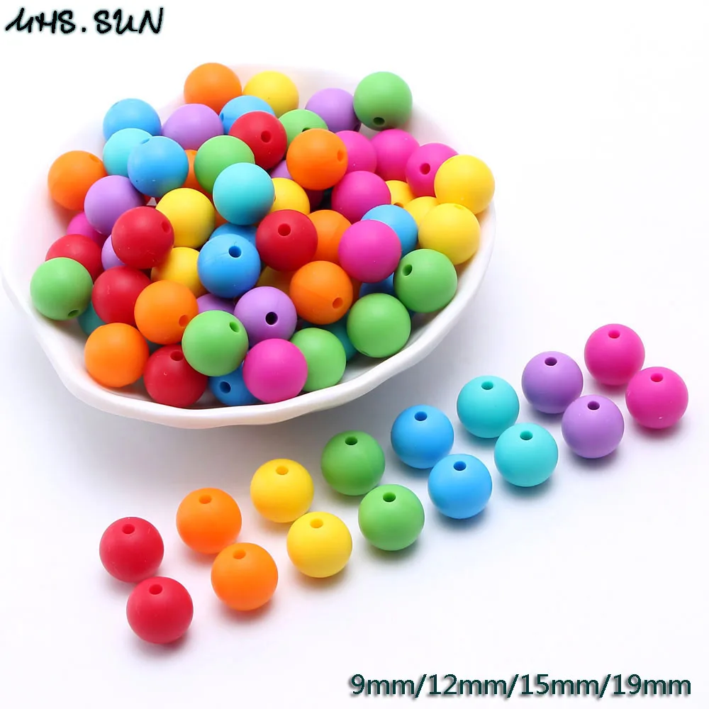 

MHS.SUN 100% Food grade silicone teething rainbow color 9mm,12mm,15mm,19mm round silicone beads chewable for baby kid jewelry